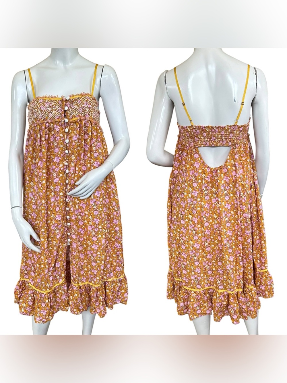 Free People Molly Jo Orange Yellow Pink Floral Boho Button Down Midi Dress XS